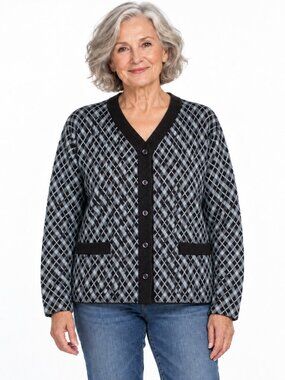Carroll Reed Collections Diamond-Pattern Cardigan – Black & Grey – Made in Canad